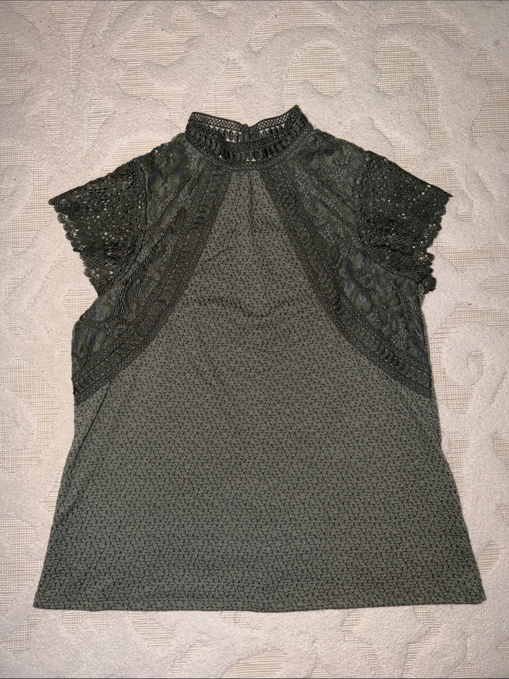 Cable & Gauge Olive High Neck Lace Sleeve Blouse